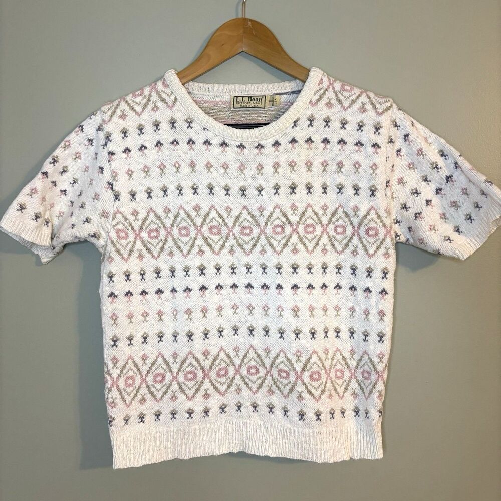 VTG LL Bean Short Sleeve Sweater Made In USA 80s Sz Small Cottagecore Grandma